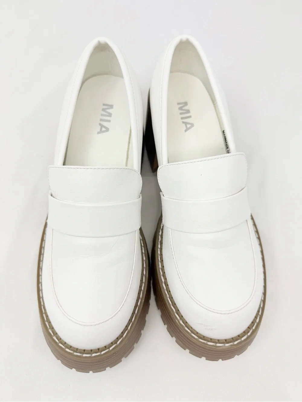 MIA Dalilah White Faux Leather Chunky Platform Lug Sole Slip On Heeled Loafer